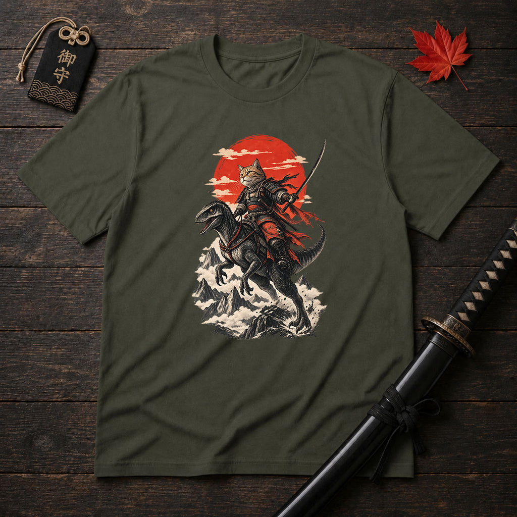 Samurai Cat Riding Raptor T-Shirt