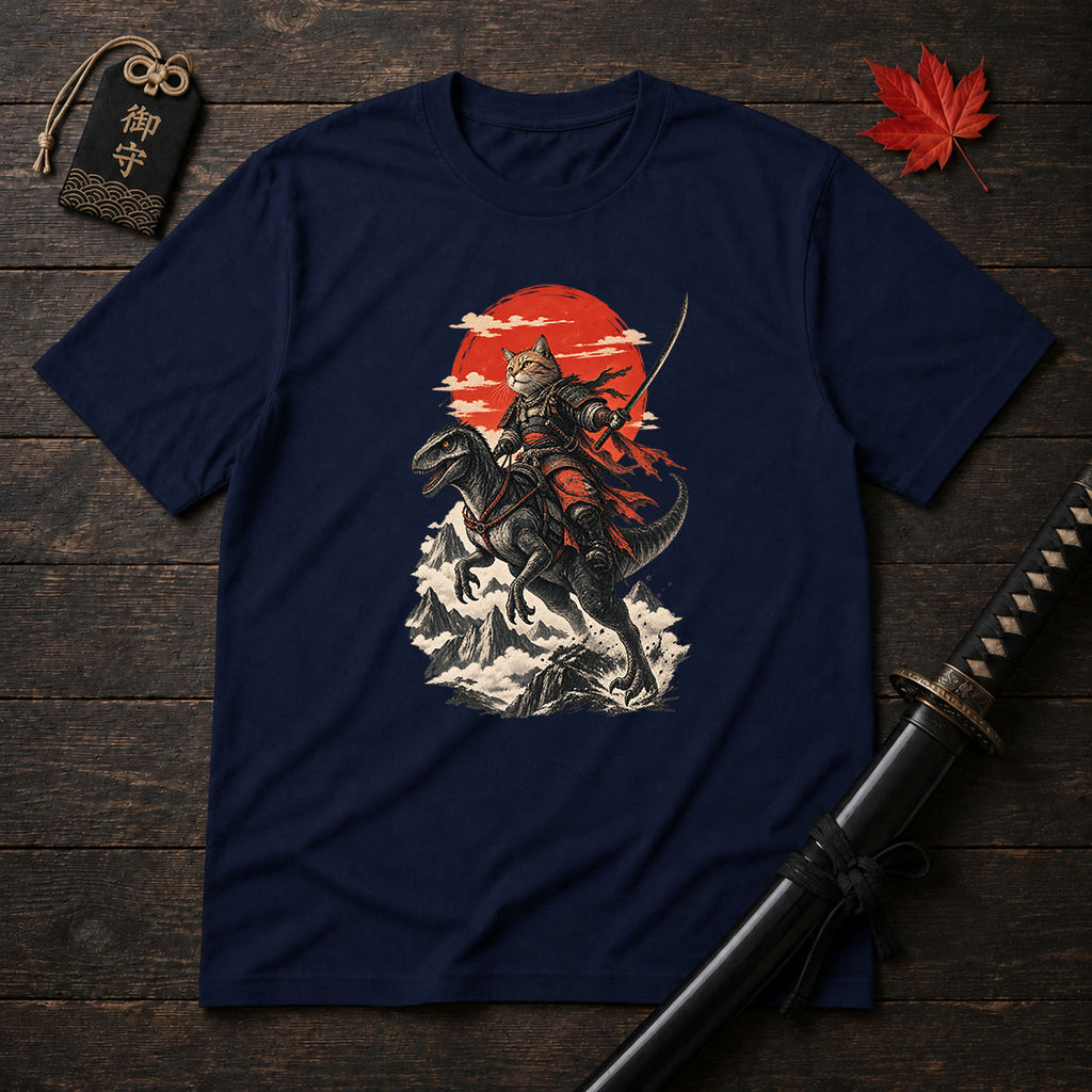 Samurai Cat Riding Raptor T-Shirt