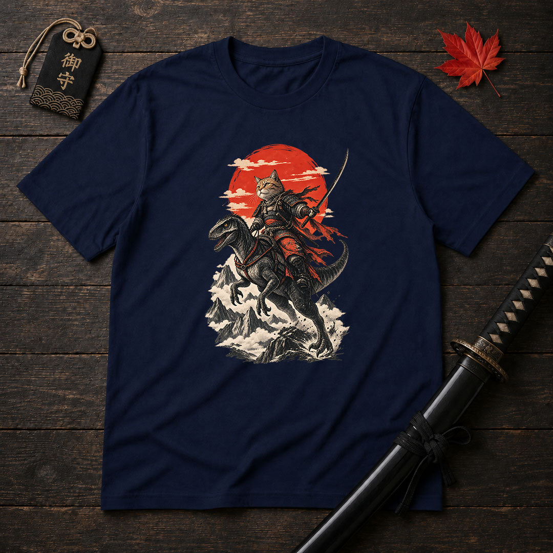 Samurai Cat Riding Raptor T-Shirt