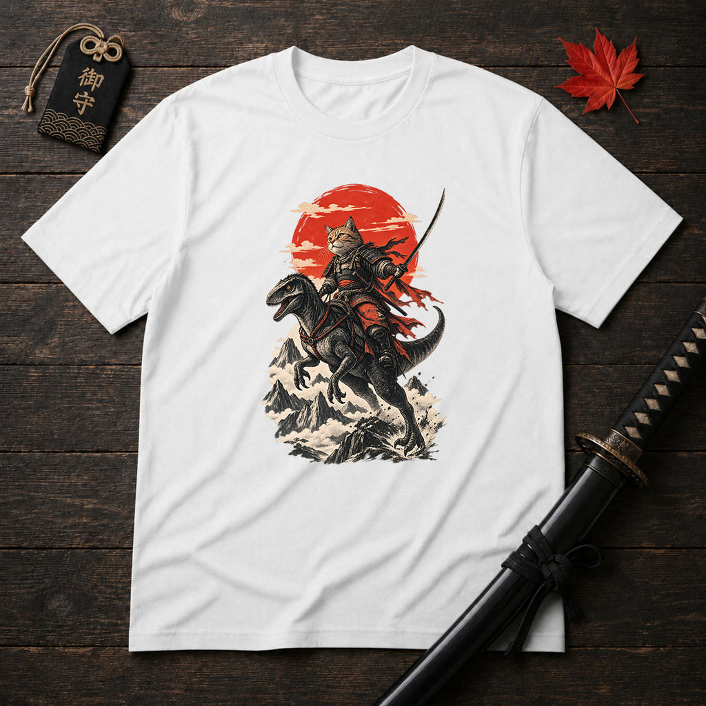 Samurai Cat Riding Raptor T-Shirt
