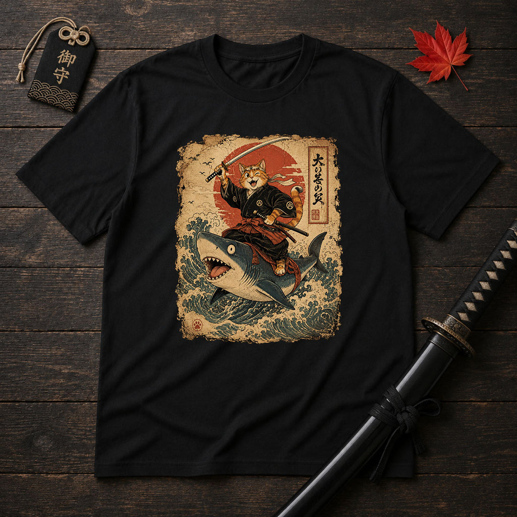 Samurai Cat Riding Shark T-Shirt