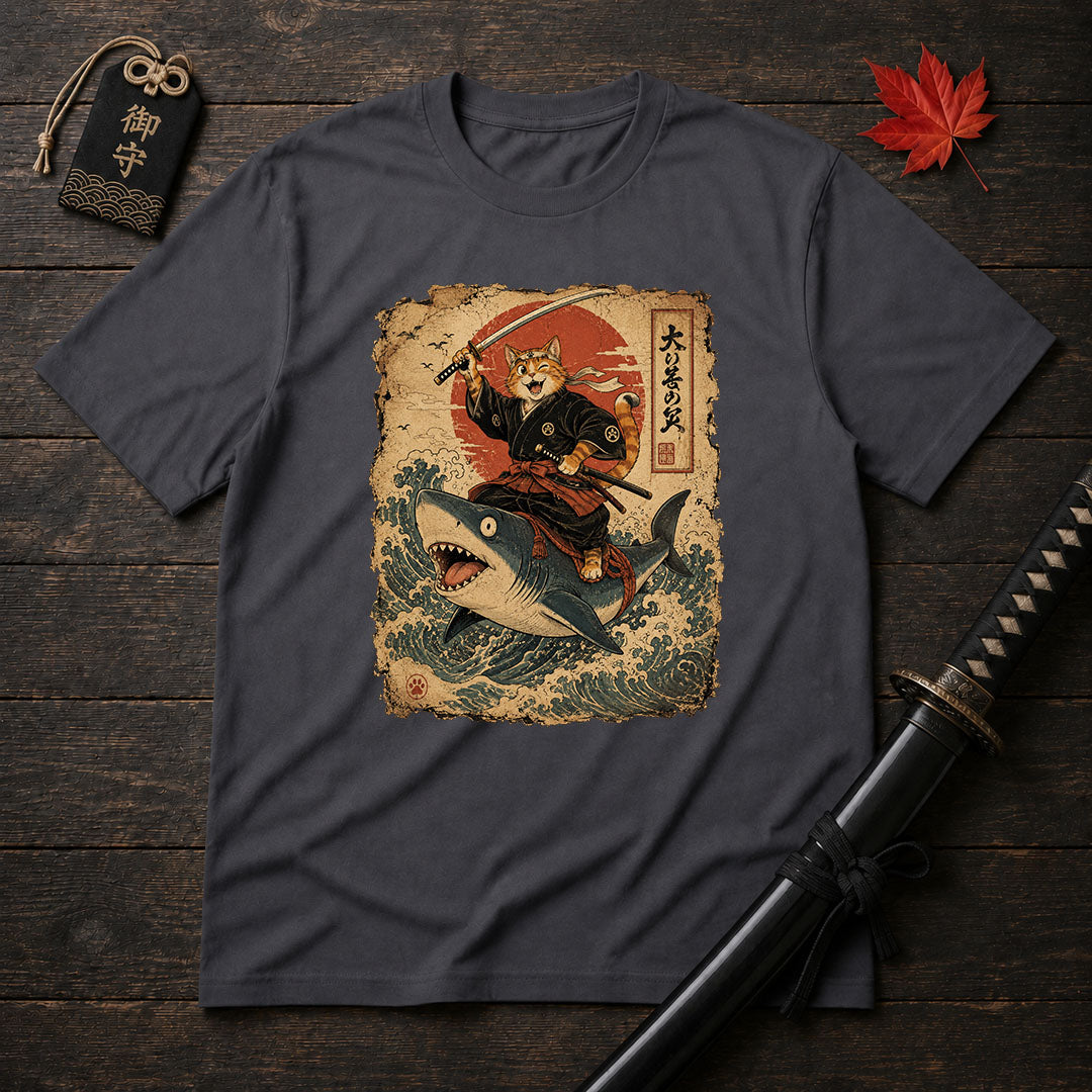 Samurai Cat Riding Shark T-Shirt