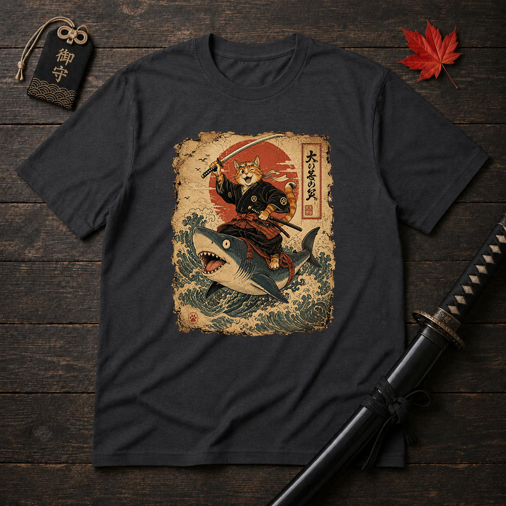 Samurai Cat Riding Shark T-Shirt