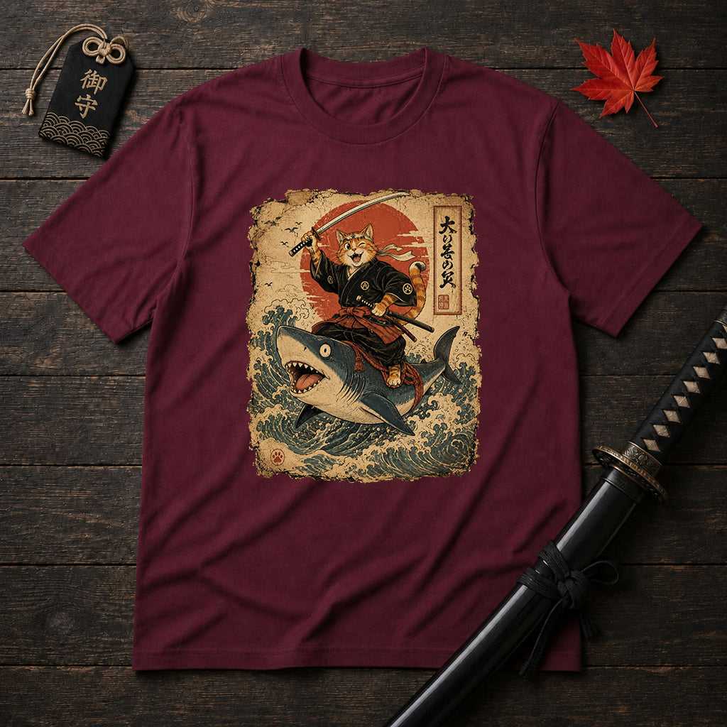 Samurai Cat Riding Shark T-Shirt