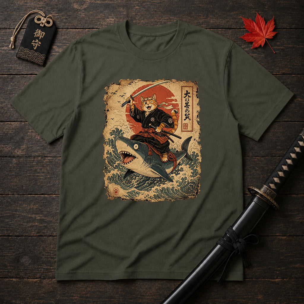 Samurai Cat Riding Shark T-Shirt