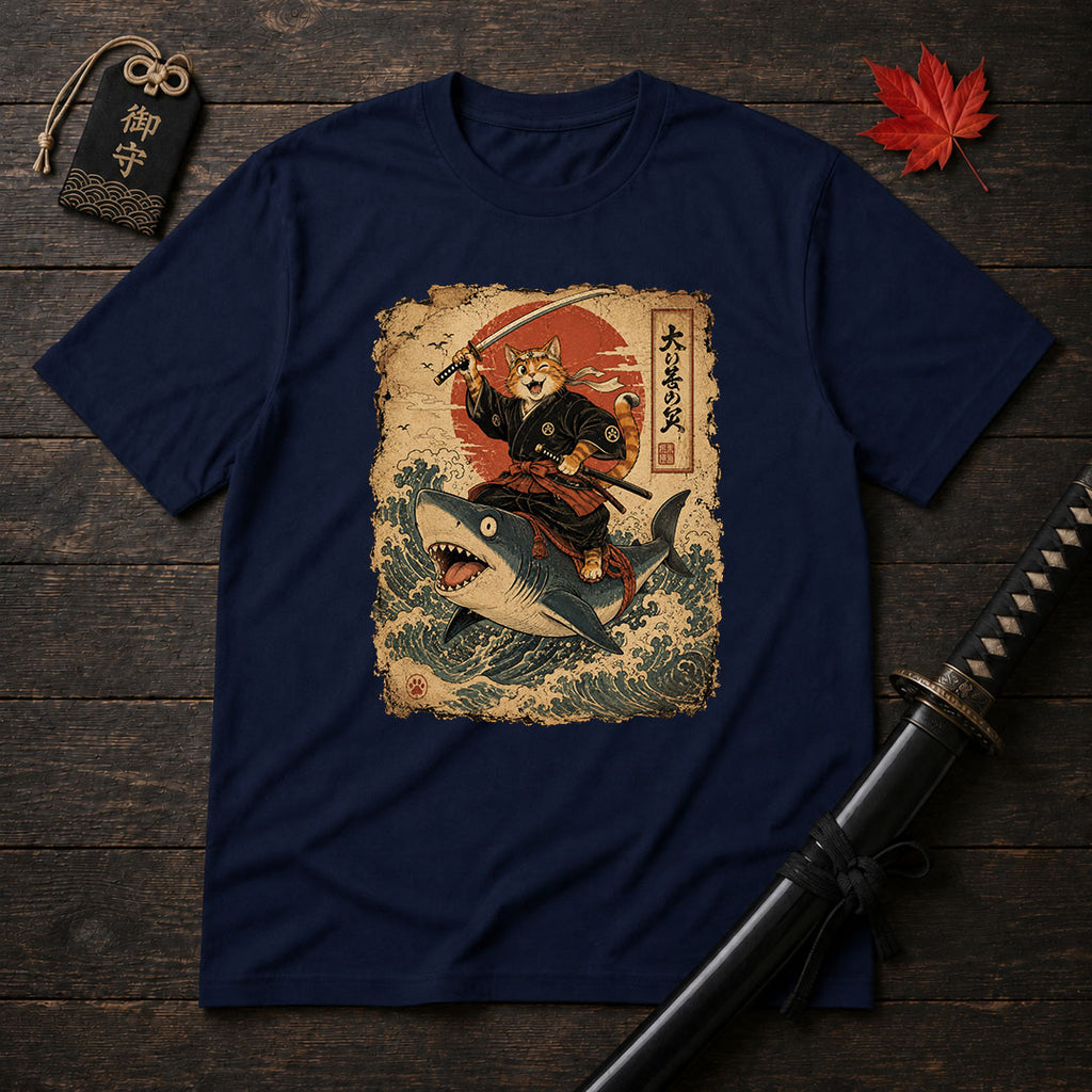 Samurai Cat Riding Shark T-Shirt
