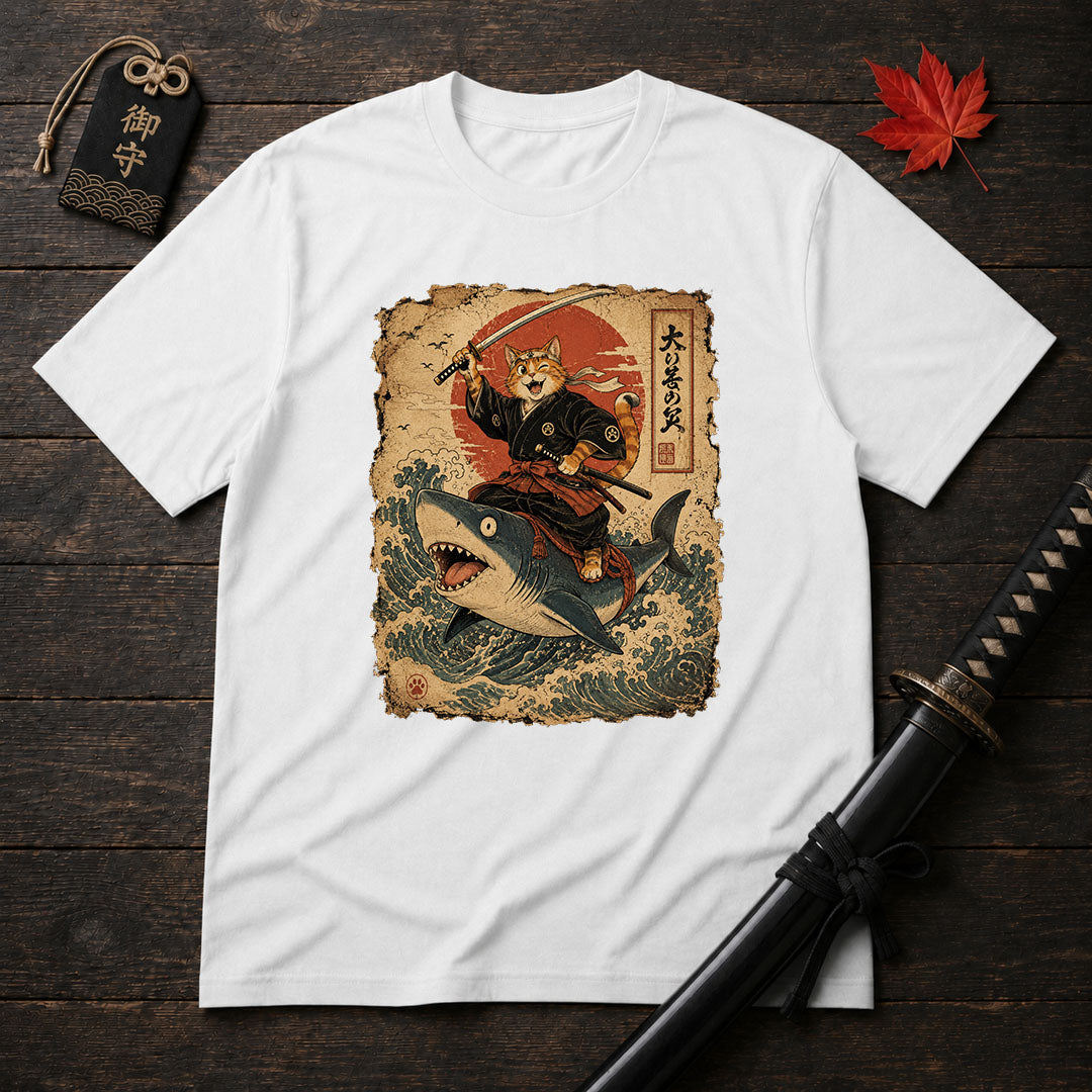 Samurai Cat Riding Shark T-Shirt