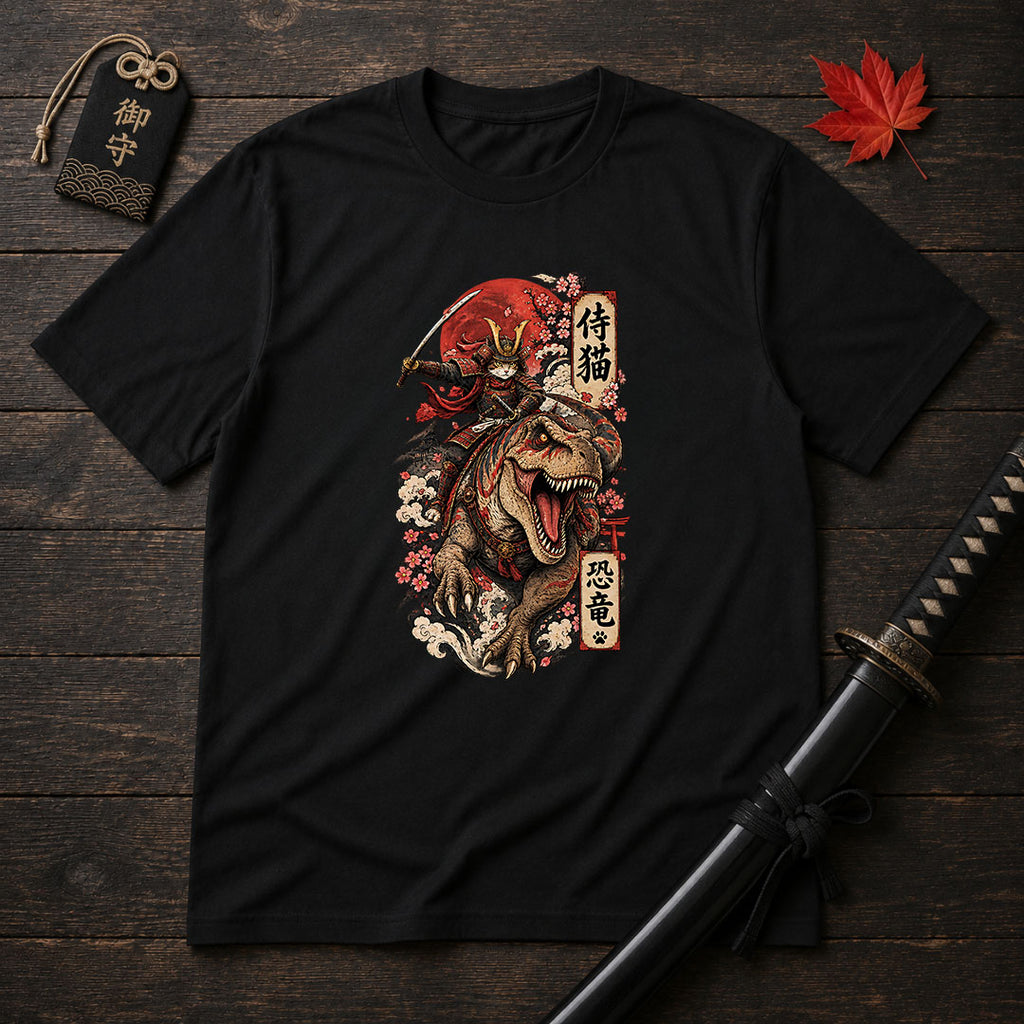 Samurai Cat Riding T-Rex T-Shirt