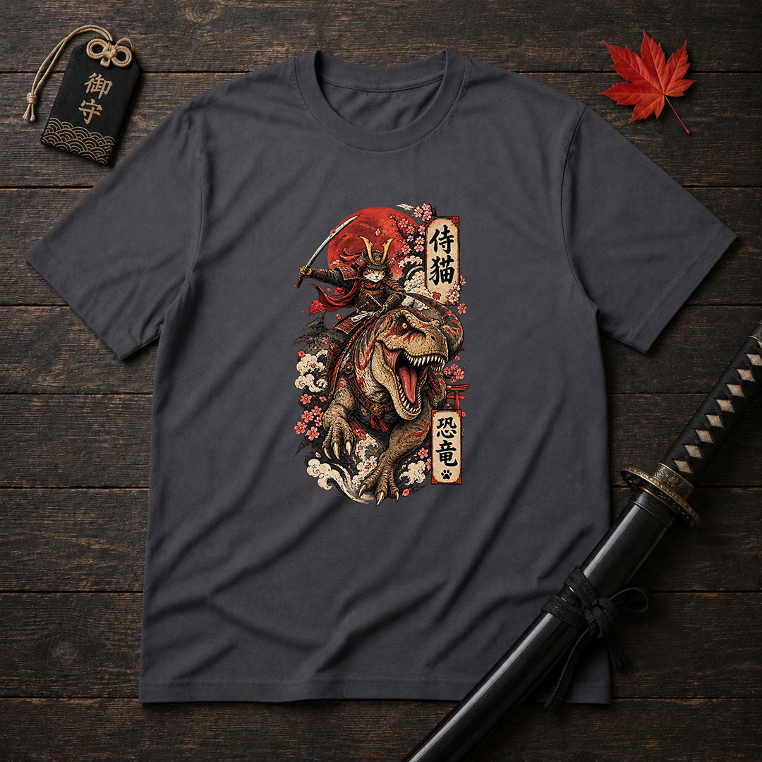 Samurai Cat Riding T-Rex T-Shirt