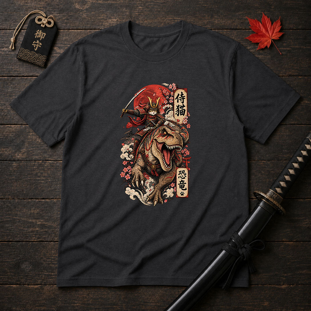 Samurai Cat Riding T-Rex T-Shirt