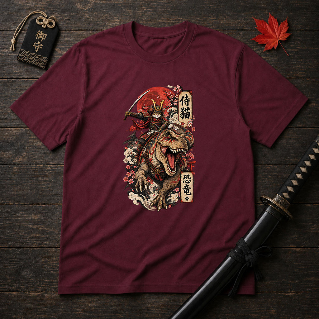 Samurai Cat Riding T-Rex T-Shirt