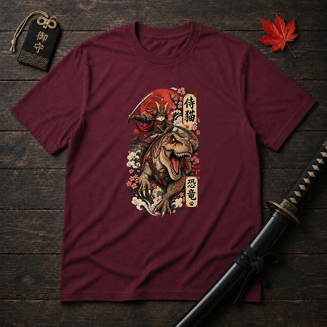 Samurai Cat Riding T-Rex T-Shirt