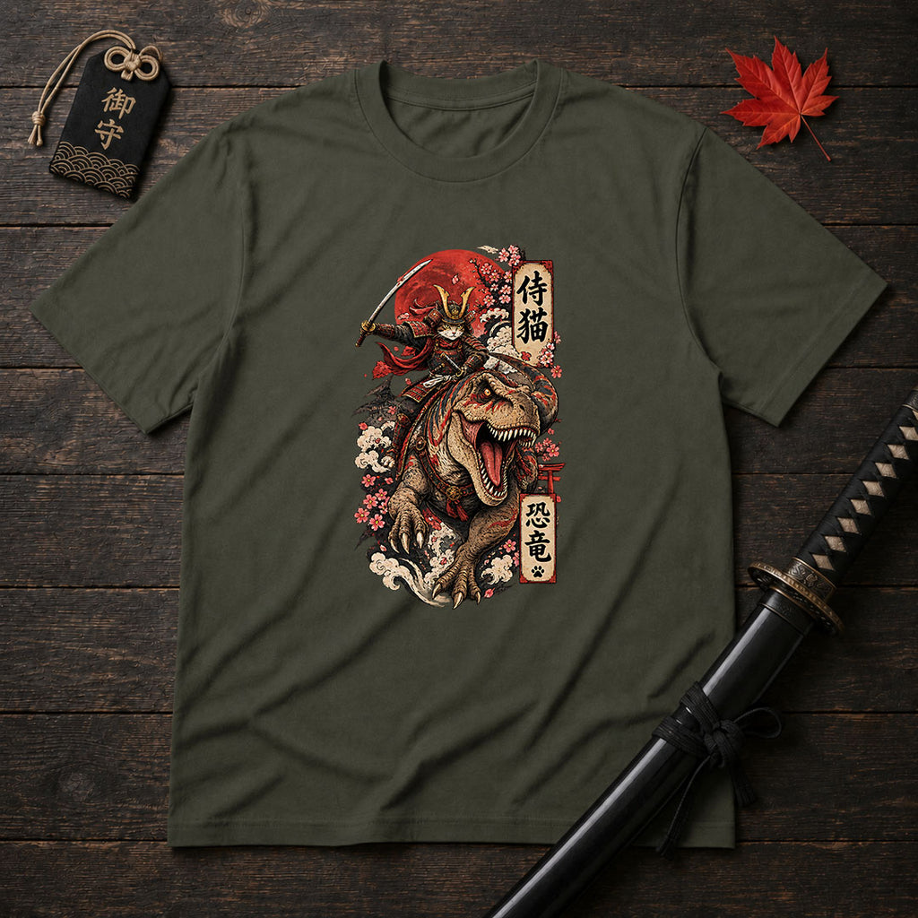 Samurai Cat Riding T-Rex T-Shirt