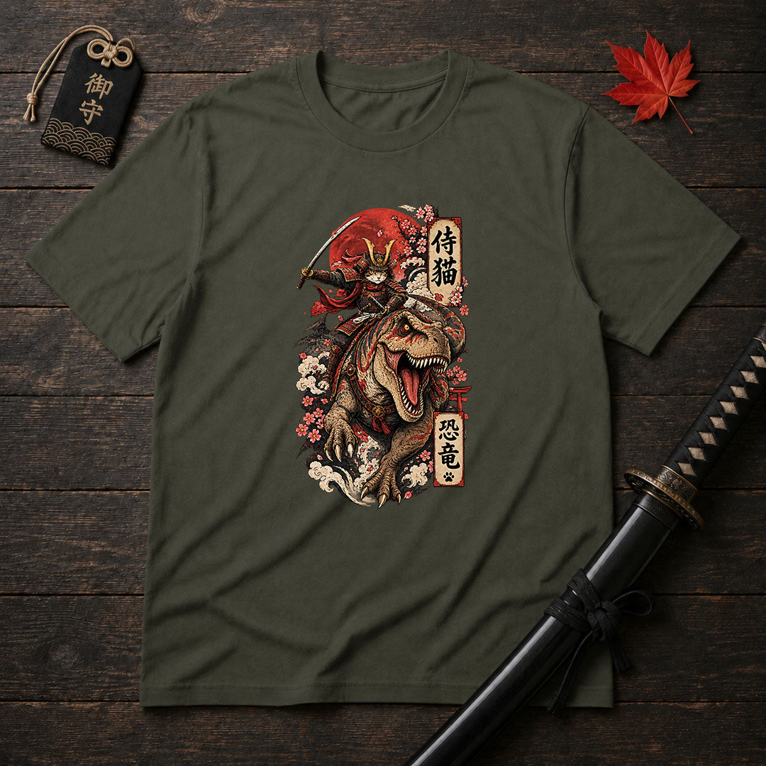 Samurai Cat Riding T-Rex T-Shirt
