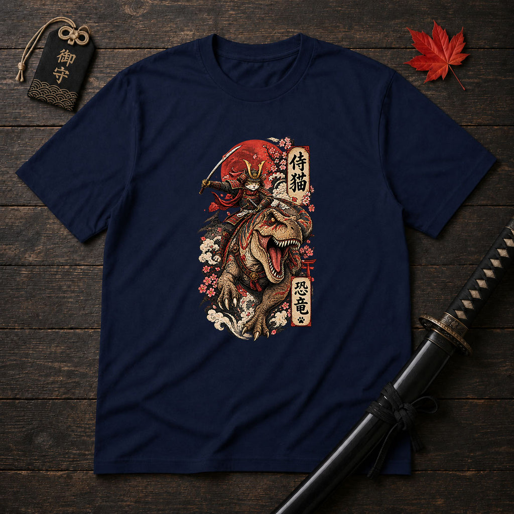 Samurai Cat Riding T-Rex T-Shirt