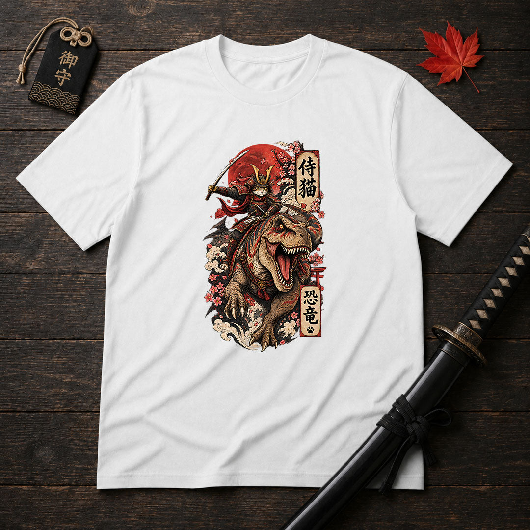 Samurai Cat Riding T-Rex T-Shirt