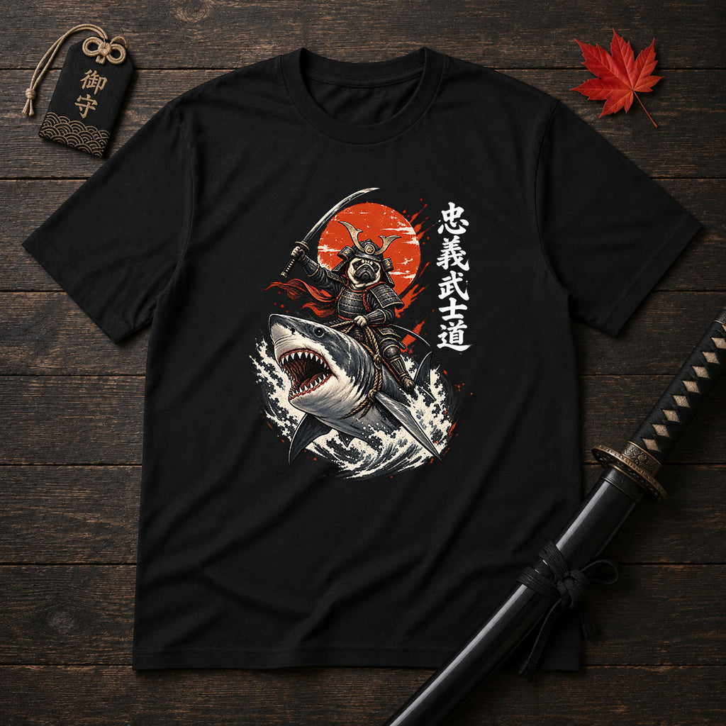 Samurai Pug Riding Shark T-Shirt