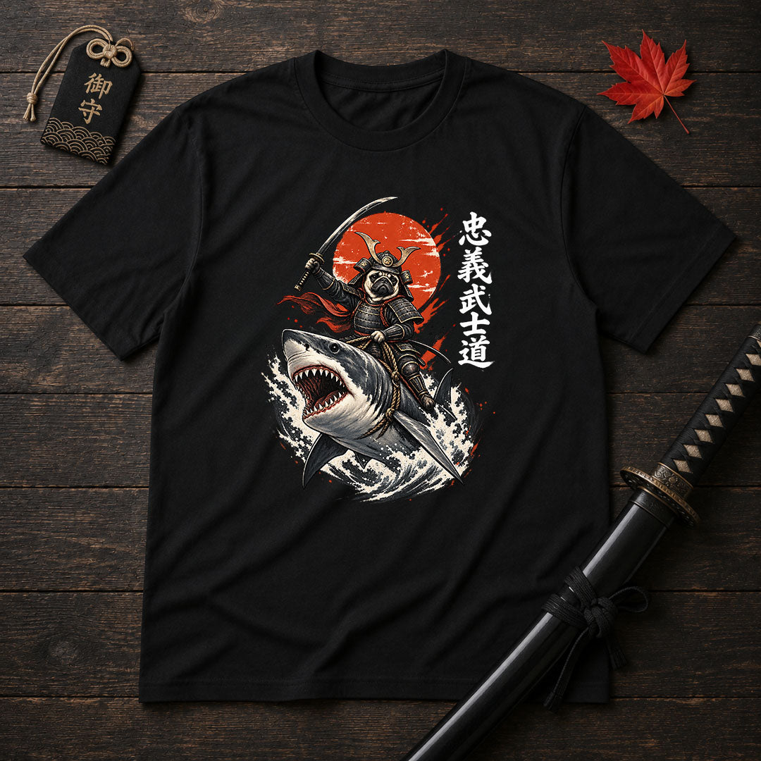 Samurai Pug Riding Shark T-Shirt