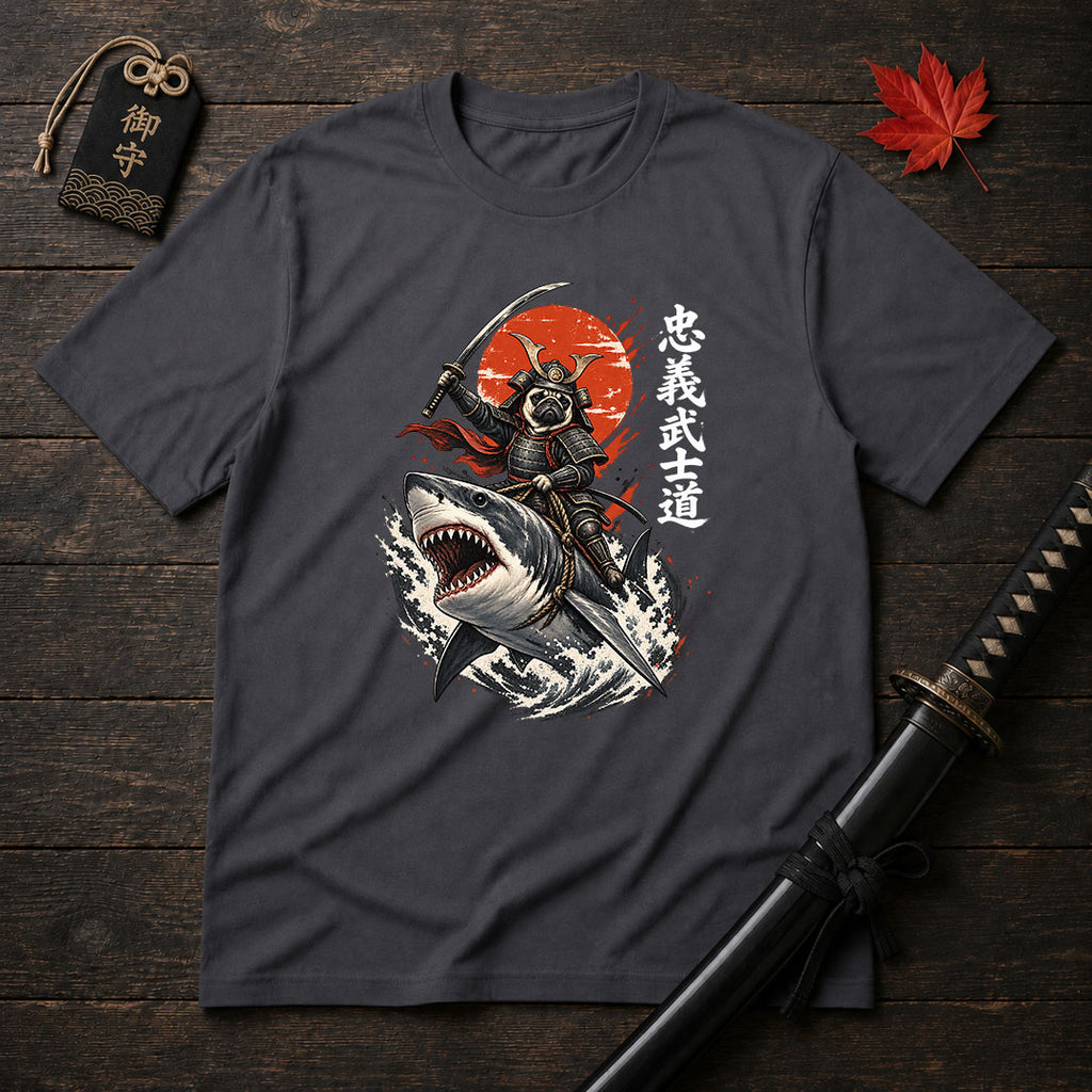 Samurai Pug Riding Shark T-Shirt