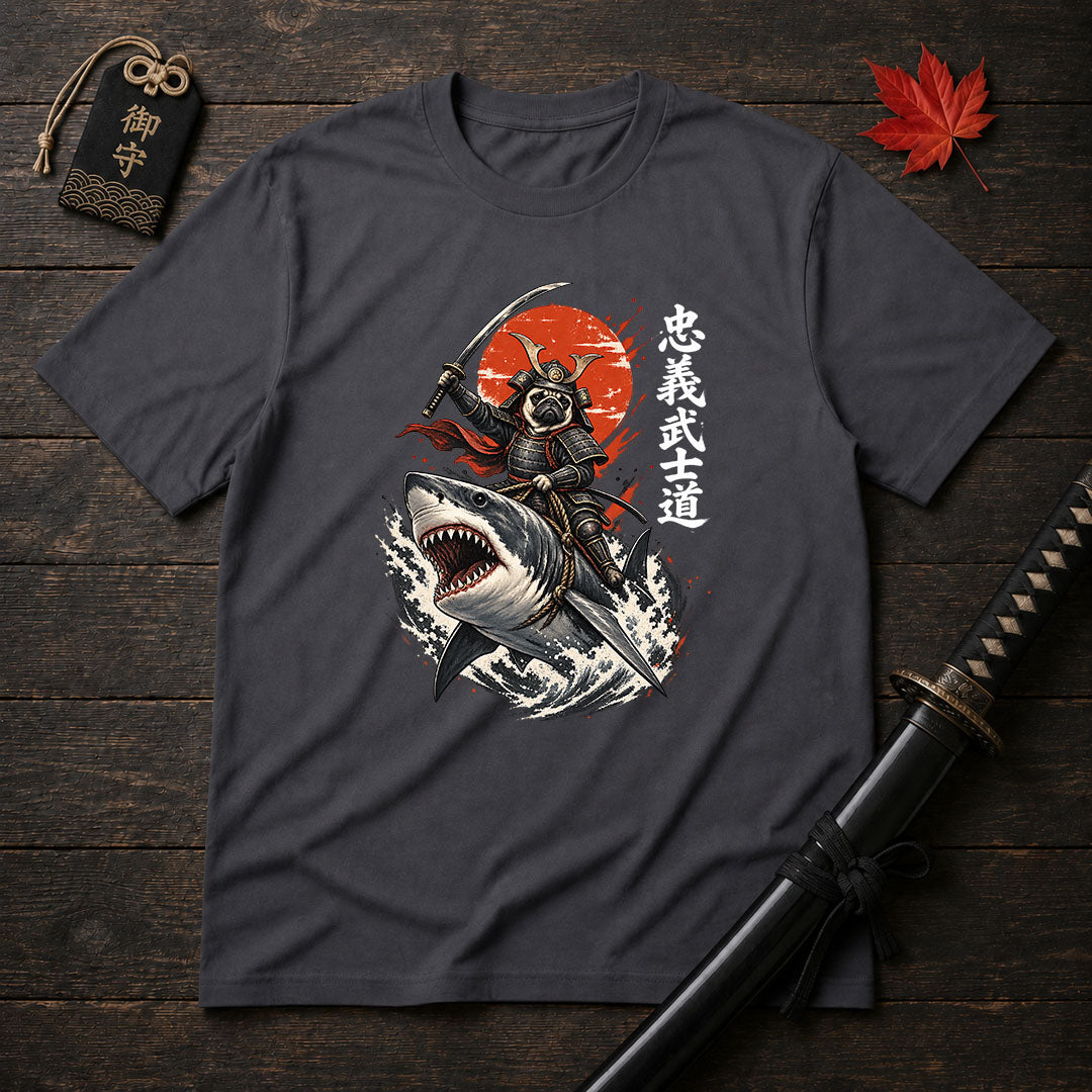 Samurai Pug Riding Shark T-Shirt