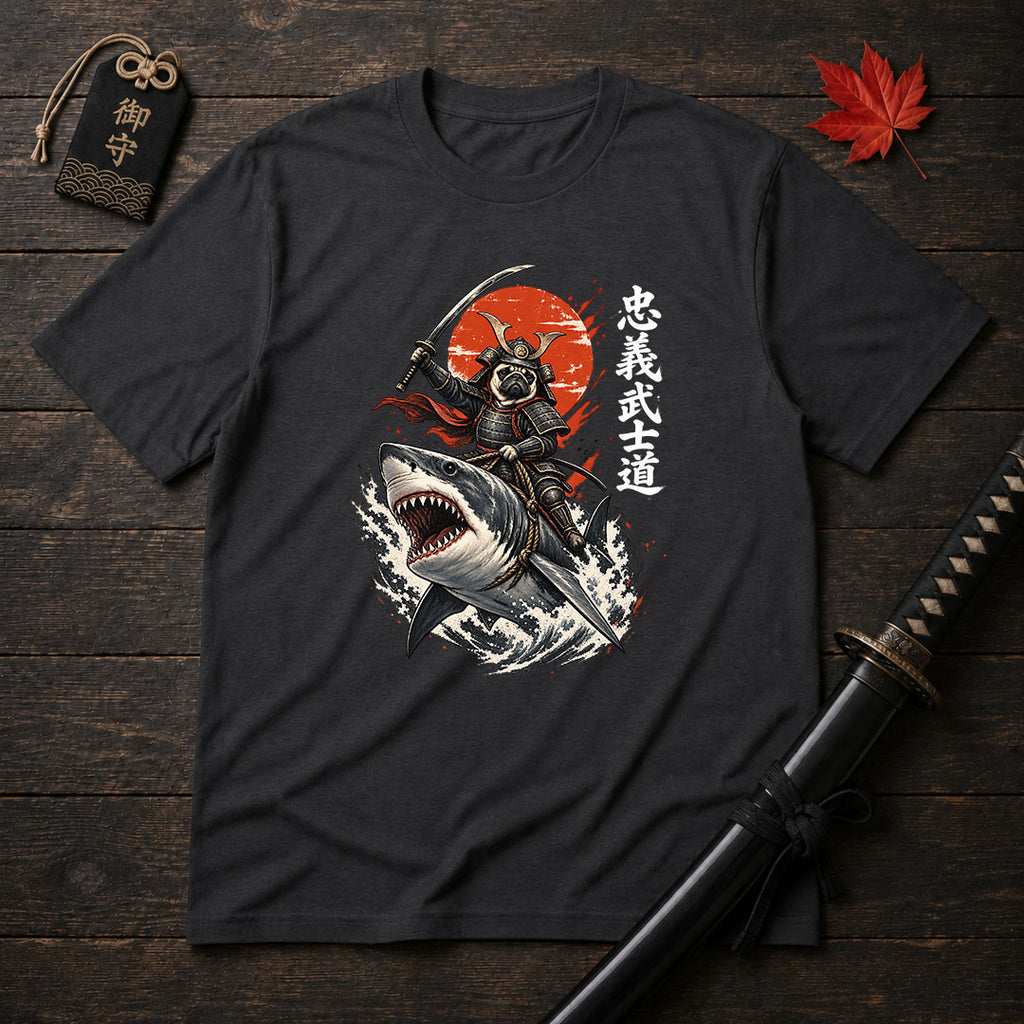 Samurai Pug Riding Shark T-Shirt