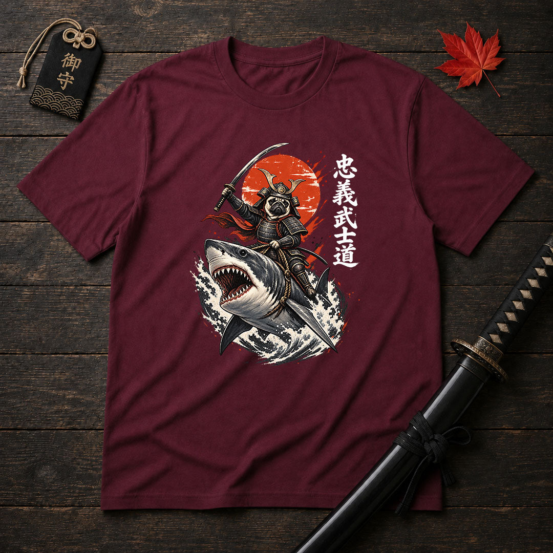 Samurai Pug Riding Shark T-Shirt