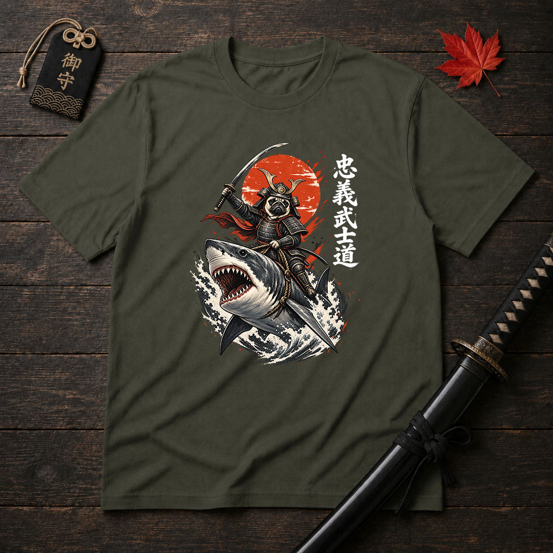 Samurai Pug Riding Shark T-Shirt