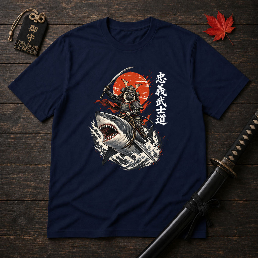 Samurai Pug Riding Shark T-Shirt