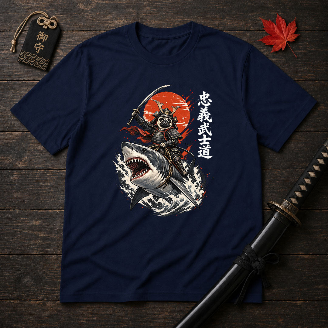 Samurai Pug Riding Shark T-Shirt