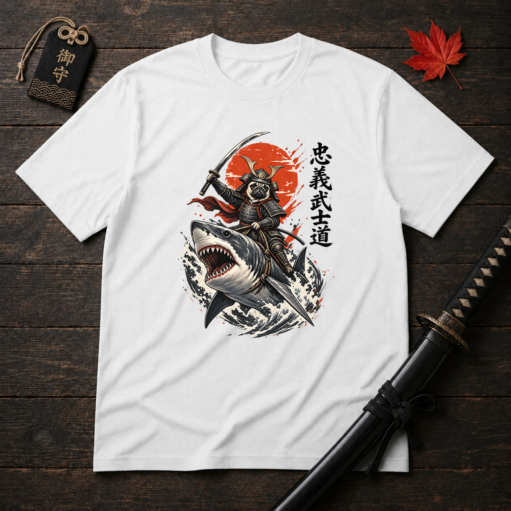 Samurai Pug Riding Shark T-Shirt