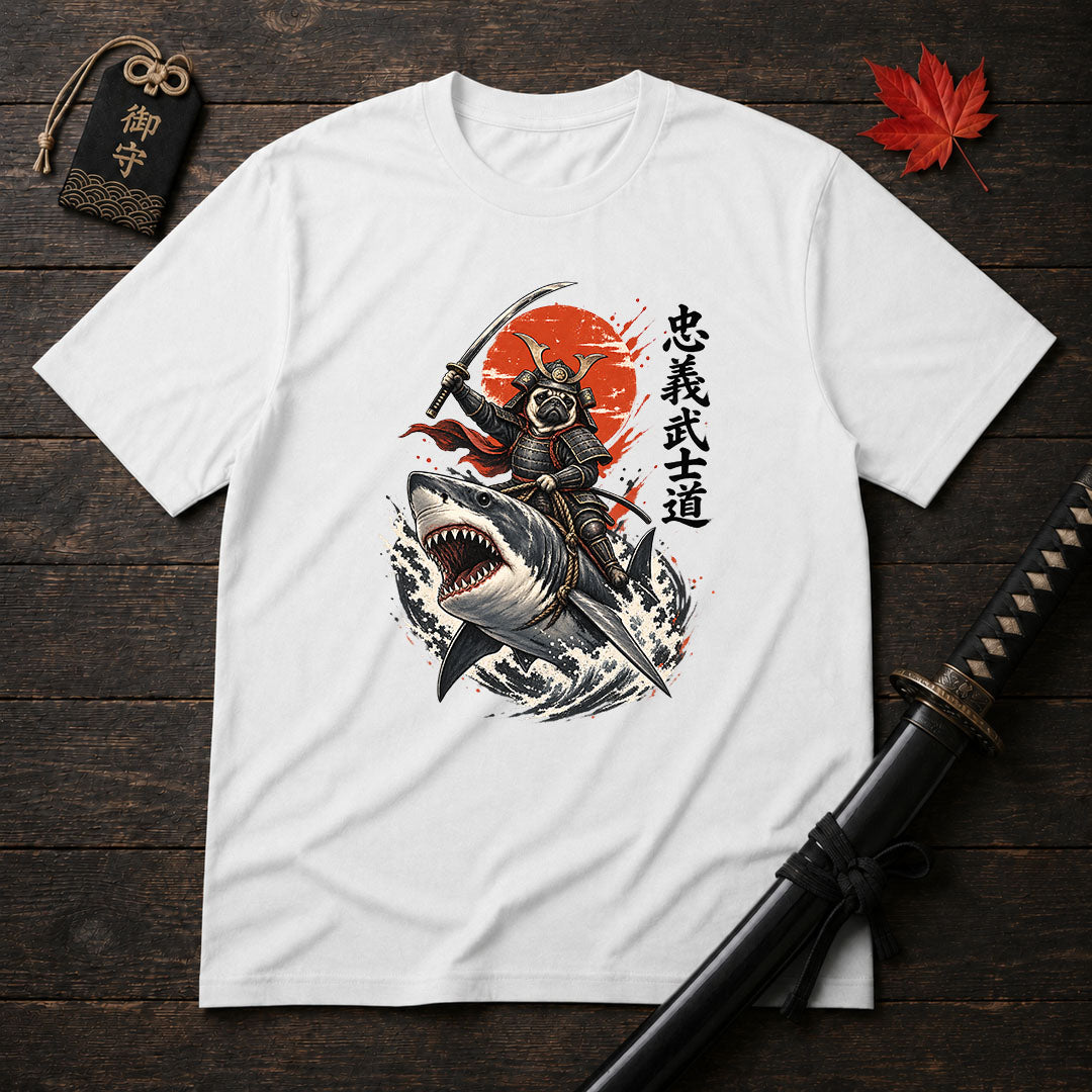 Samurai Pug Riding Shark T-Shirt